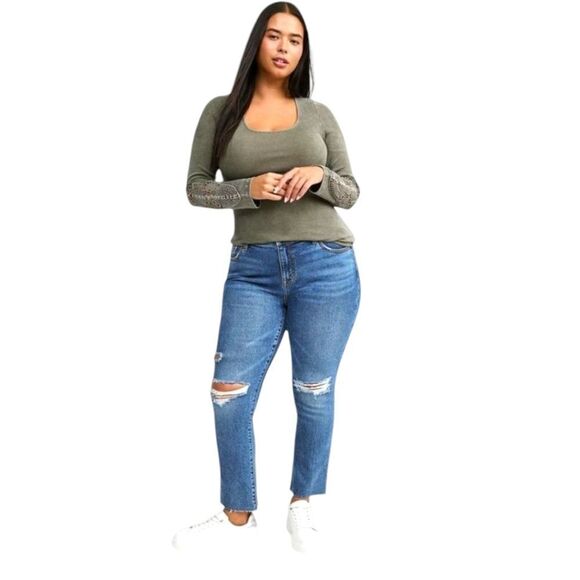 TORRID Plus Size Cotton Modal Green Ribbed Scoop Neck Crochet Long Sleeve Top 3X - Picture 3 of 14